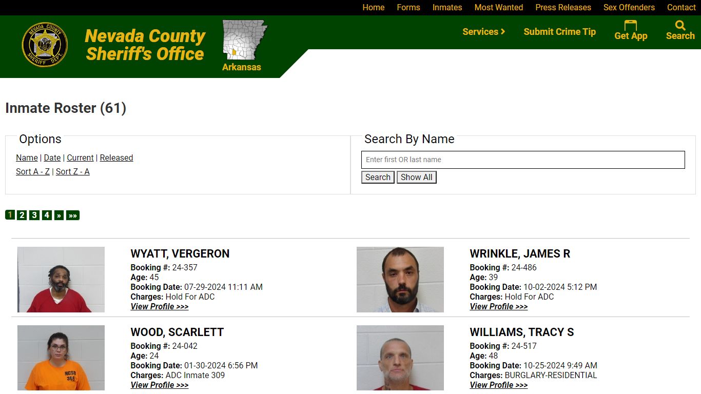 Inmate Roster | Nevada County Sheriff AR | Sort name - desc | Page 1